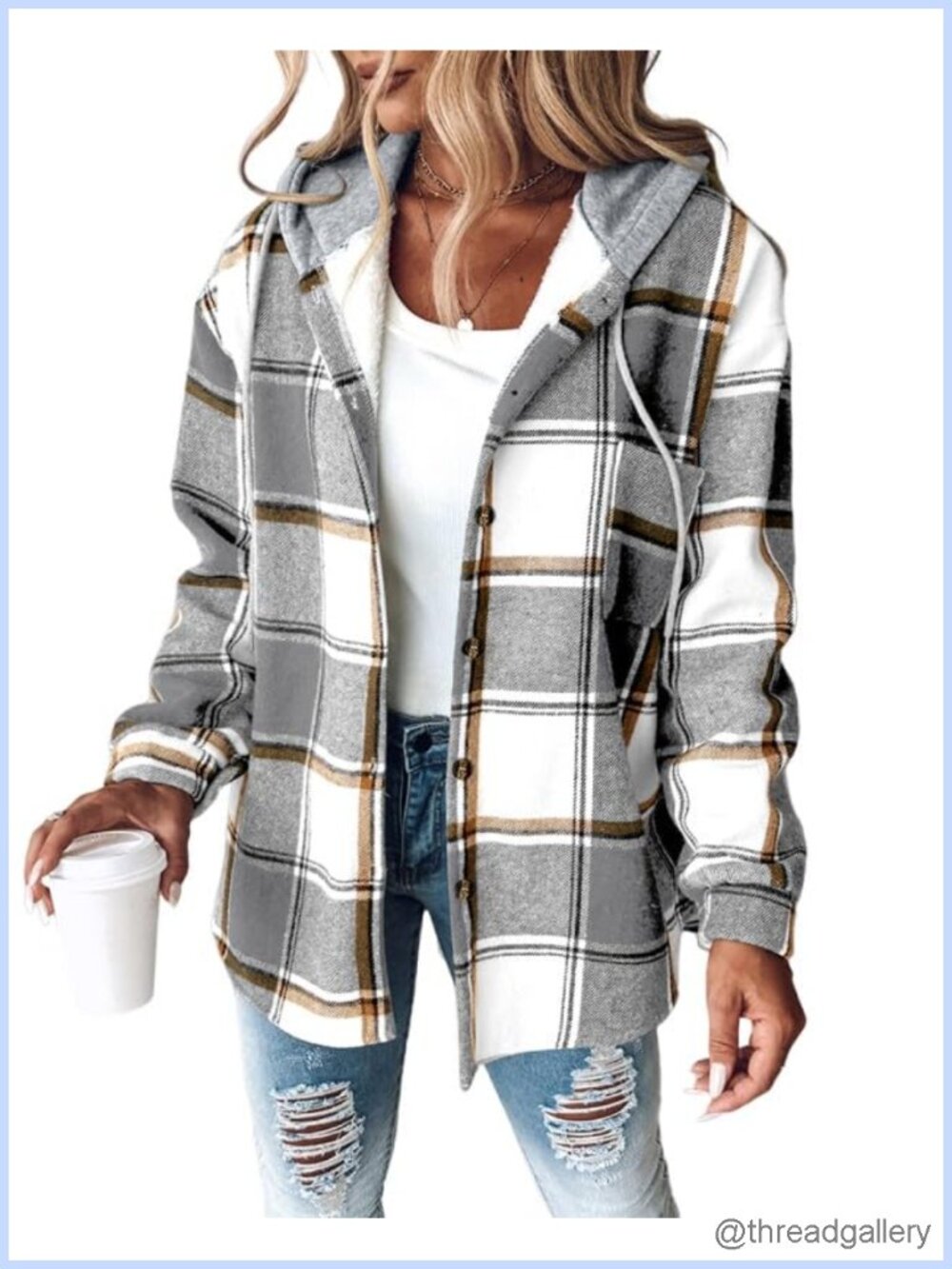 Plaid Hooded Fleece Lined Shacket Button Down Women's Casual Jacket